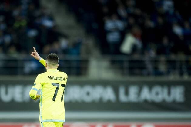 Gent s Danijel Milicevic celebrates after scoring during a fifth game in the group stage (group H) of the Europa League competition between Belgian soccer team KAA Gent and Portugese team SC Braga, Thursday 24 November 2016, in Gent. JASPERxJACOBS  x04982558x