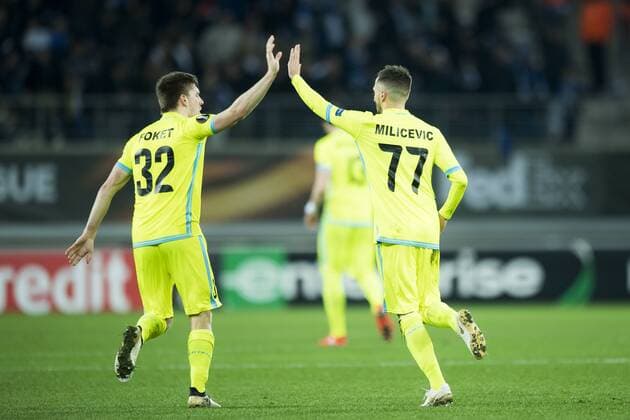 Gent s Thomas Foket and Gent s Danijel Milicevic celebrate after scoring during a fifth game in the group stage (group H) of the Europa League competition between Belgian soccer team KAA Gent and Portugese team SC Braga, Thursday 24 November 2016, in Gent. JASPERxJACOBS  x04982578x