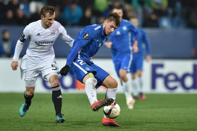 Maksim Medvedev of Karabach, left, and Nikolay Komlichenko of Slovan in action during the European league, 5th round, FC Slovan Liberec vs FK Karabach match in Liberec, Czech Republic, on Thursday, November 24, 2016. (CTKxPhoto RadekxPetrasek) CTKPhotoP201611240910401  PER 1