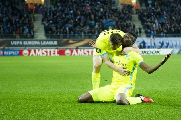 Gent s Thomas Foket and Gent s Kalifa Coulibaly celebrate after scoring during a fifth game in the group stage (group H) of the Europa League competition between Belgian soccer team KAA Gent and Portugese team SC Braga, Thursday 24 November 2016, in Gent. JASPERxJACOBS  x04982597x
