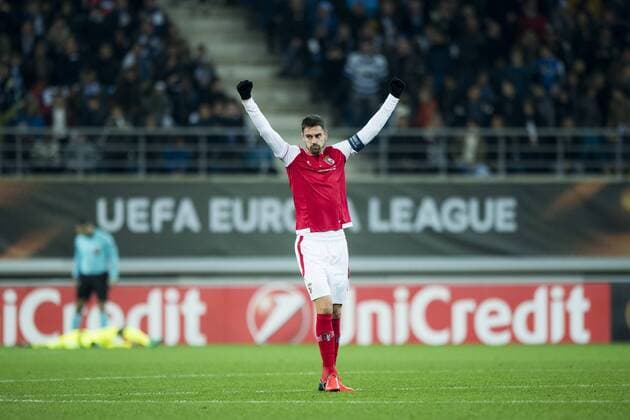 Braga s Andre Pinto celebrate after scoring during a fifth game in the group stage (group H) of the Europa League competition between Belgian soccer team KAA Gent and Portugese team SC Braga, Thursday 24 November 2016, in Gent. JASPERxJACOBS  x04982590x