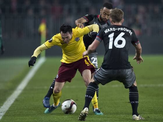 Vyacheslav Karavaev of Sparta, from left, and Nathan Redmond and James Ward-Prowse of Southampton in action during the European league, 5th round, AC Sparta Praha - Southampton FC match in Prague, Czech Republic, on Thursday, November 24, 2016. (CTKxPhoto MichalxKamaryt) CTKPhotoP201611240915501  kmt 8