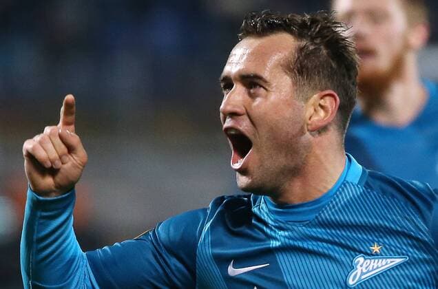 ST PETERSBURG, RUSSIA â€“ NOVEMBER 24, 2016: Zenit St Petersburgâ€™s Alexander Kerzhakov celebrates a goal against Maccabi Tel-Aviv in their 2016 2017 UEFA Europa League Round 5 Group D football match at Petrovsky Stadium. Zenit St Petersburg won 2-0. Peter Kovalev TASS  TS038C12