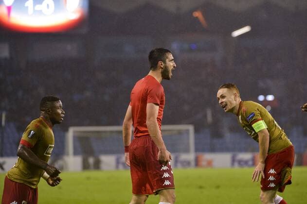 Standard s Konstantinos Laifis celebrate after scoring during a game of the fifth day of the group stage (Group G) of the Europa League competition between Spanish team Celta Vigo and Belgian club Standard de Liege, Thursday 24 November 2016, in Vigo, Spain. NICOLASxLAMBERT  x04982721x