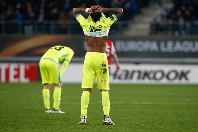 Gent s Renato Neto looks dejected after a fifth game in the group stage (group H) of the Europa League competition between Belgian soccer team KAA Gent and Portugese team SC Braga, Thursday 24 November 2016, in Gent. BRUNOxFAHY  x04982730x