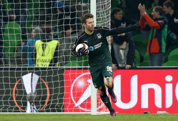 KRASNODAR, RUSSIA - NOVEMBER 24, 2016: FC Krasnodar s Fyodor Smolov reacts as he scores a goal in the 2016-17 Season UEFA Europa League Group I football match against Red Bull Salzburg at the Krasnodar Stadium. Vitaly Timkiv TASS  TS038C25