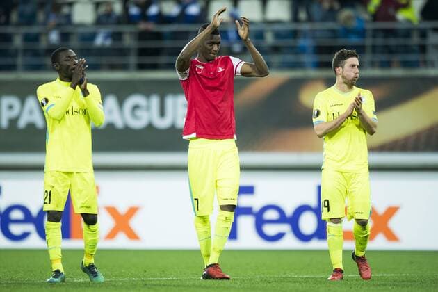 Gent s Nana Asare, Gent s Kalifa Coulibaly and Gent s Brecht Dejaegere pictured after a fifth game in the group stage (group H) of the Europa League competition between Belgian soccer team KAA Gent and Portugese team SC Braga, Thursday 24 November 2016, in Gent. JASPERxJACOBS  x04982753x