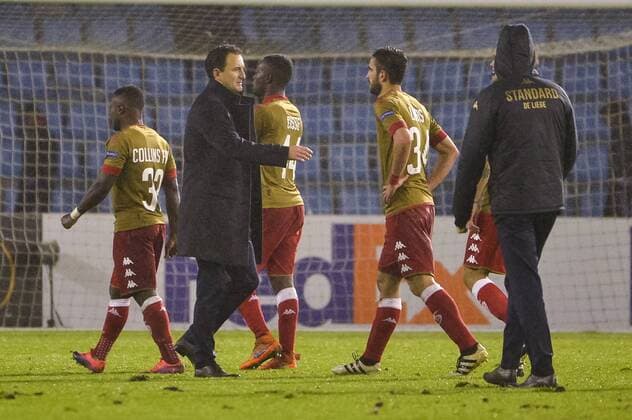 Standard s head coach Aleksandar Jankovic and Standard s Konstantinos Laifis pictured during a game of the fifth day of the group stage (Group G) of the Europa League competition between Spanish team Celta Vigo and Belgian club Standard de Liege, Thursday 24 November 2016, in Vigo, Spain. NICOLASxLAMBERT  x04982761x