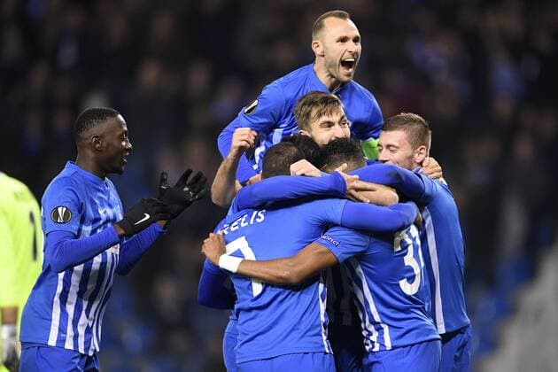 Genk s Nikolaos Karelis celebrates after scoring during a game of the fifth day of the group stage (Group F) of the Europa League competition between Belgian soccer team RC Genk and Austrian team Rapid Wien, Thursday 24 November 2016, in Genk. YORICKxJANSENS  x04982816x
