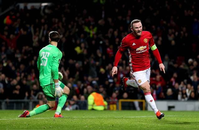 Wayne Rooney of Manchester United ManU celebrates after scoring his sides first goal during the UEFA Europa League match at Old Trafford, Manchester. Picture date: November 24th 2016. Pic Matt McNulty Sportimage EDITORIAL USE ONLY. No use with unauthorised audio, video, data, fixture lists, club league logos or live services. Online in-match use limited to 120 images, no video emulation. No use in betting, games or single club league player publications.