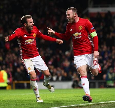 Wayne Rooney of Manchester United ManU celebrates after scoring his sides first goal during the UEFA Europa League match at Old Trafford, Manchester. Picture date: November 24th 2016. Pic Matt McNulty Sportimage EDITORIAL USE ONLY. No use with unauthorised audio, video, data, fixture lists, club league logos or live services. Online in-match use limited to 120 images, no video emulation. No use in betting, games or single club league player publications.