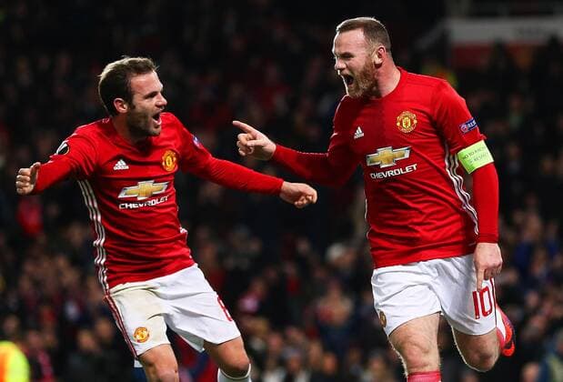 Wayne Rooney of Manchester United ManU celebrates after scoring his sides first goal during the UEFA Europa League match at Old Trafford, Manchester. Picture date: November 24th 2016. Pic Matt McNulty Sportimage EDITORIAL USE ONLY. No use with unauthorised audio, video, data, fixture lists, club league logos or live services. Online in-match use limited to 120 images, no video emulation. No use in betting, games or single club league player publications.