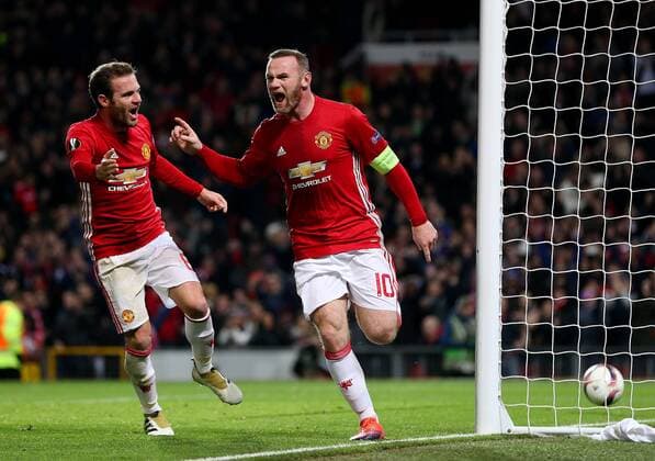 Wayne Rooney of Manchester United ManU celebrates after scoring his sides first goal during the UEFA Europa League match at Old Trafford, Manchester. Picture date: November 24th 2016. Pic Matt McNulty Sportimage EDITORIAL USE ONLY. No use with unauthorised audio, video, data, fixture lists, club league logos or live services. Online in-match use limited to 120 images, no video emulation. No use in betting, games or single club league player publications.