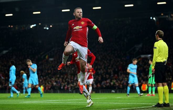 Wayne Rooney of Manchester United ManU celebrates after scoring his sides first goal during the UEFA Europa League match at Old Trafford, Manchester. Picture date: November 24th 2016. Pic Matt McNulty Sportimage EDITORIAL USE ONLY. No use with unauthorised audio, video, data, fixture lists, club league logos or live services. Online in-match use limited to 120 images, no video emulation. No use in betting, games or single club league player publications.