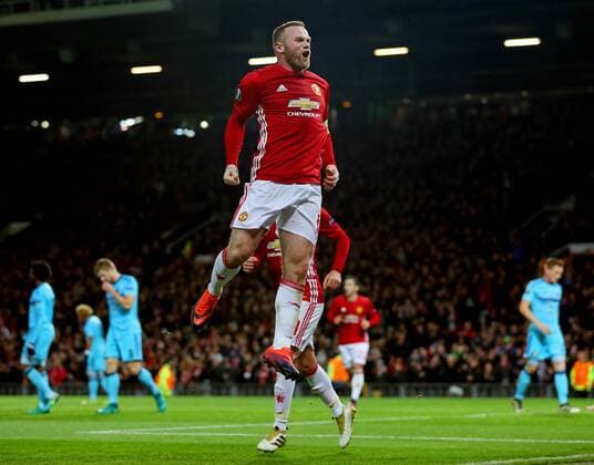 Wayne Rooney of Manchester United ManU celebrates after scoring his sides first goal during the UEFA Europa League match at Old Trafford, Manchester. Picture date: November 24th 2016. Pic Matt McNulty Sportimage EDITORIAL USE ONLY. No use with unauthorised audio, video, data, fixture lists, club league logos or live services. Online in-match use limited to 120 images, no video emulation. No use in betting, games or single club league player publications.