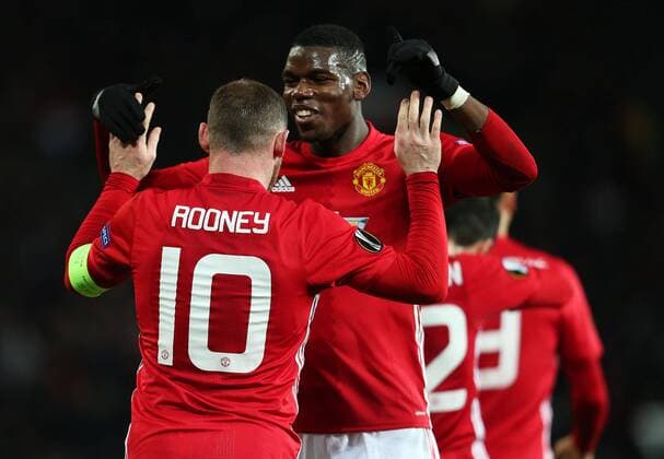 Wayne Rooney of Manchester United ManU celebrates with Paul Pogba after scoring his sides first goal during the UEFA Europa League match at Old Trafford, Manchester. Picture date: November 24th 2016. Pic Matt McNulty Sportimage EDITORIAL USE ONLY. No use with unauthorised audio, video, data, fixture lists, club league logos or live services. Online in-match use limited to 120 images, no video emulation. No use in betting, games or single club league player publications.