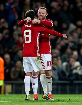 Juan Mata of Manchester United ManU celebrates with Wayne Rooney after scoring his sides second goal during the UEFA Europa League match at Old Trafford, Manchester. Picture date: November 24th 2016. Pic Matt McNulty Sportimage EDITORIAL USE ONLY. No use with unauthorised audio, video, data, fixture lists, club league logos or live services. Online in-match use limited to 120 images, no video emulation. No use in betting, games or single club league player publications.