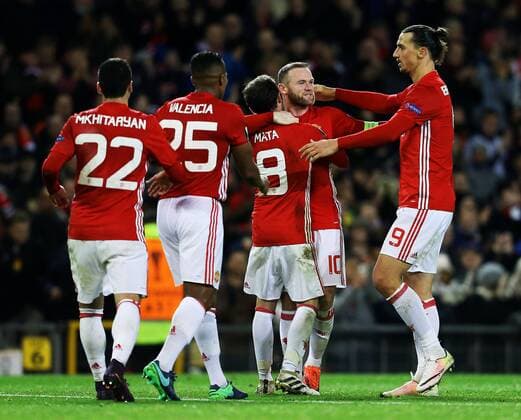 Juan Mata of Manchester United ManU celebrates with Wayne Rooney after scoring his sides second goal during the UEFA Europa League match at Old Trafford, Manchester. Picture date: November 24th 2016. Pic Matt McNulty Sportimage EDITORIAL USE ONLY. No use with unauthorised audio, video, data, fixture lists, club league logos or live services. Online in-match use limited to 120 images, no video emulation. No use in betting, games or single club league player publications.