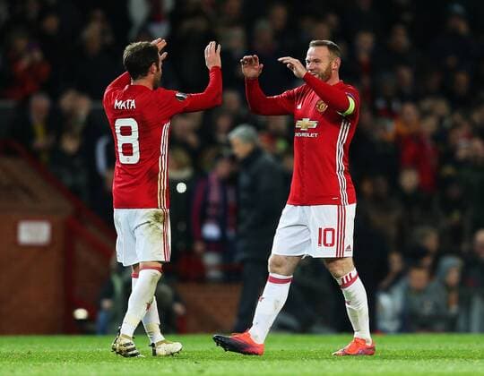 Juan Mata of Manchester United ManU celebrates with Wayne Rooney after scoring his sides second goal during the UEFA Europa League match at Old Trafford, Manchester. Picture date: November 24th 2016. Pic Matt McNulty Sportimage EDITORIAL USE ONLY. No use with unauthorised audio, video, data, fixture lists, club league logos or live services. Online in-match use limited to 120 images, no video emulation. No use in betting, games or single club league player publications.