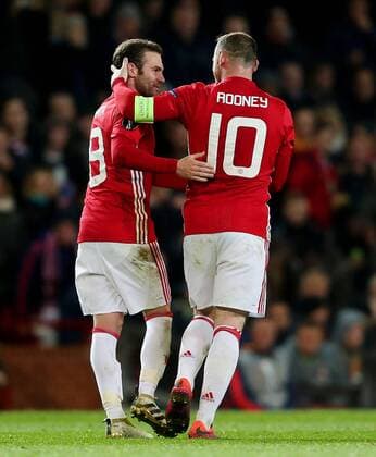 Juan Mata of Manchester United ManU celebrates with Wayne Rooney after scoring his sides second goal during the UEFA Europa League match at Old Trafford, Manchester. Picture date: November 24th 2016. Pic Matt McNulty Sportimage EDITORIAL USE ONLY. No use with unauthorised audio, video, data, fixture lists, club league logos or live services. Online in-match use limited to 120 images, no video emulation. No use in betting, games or single club league player publications.