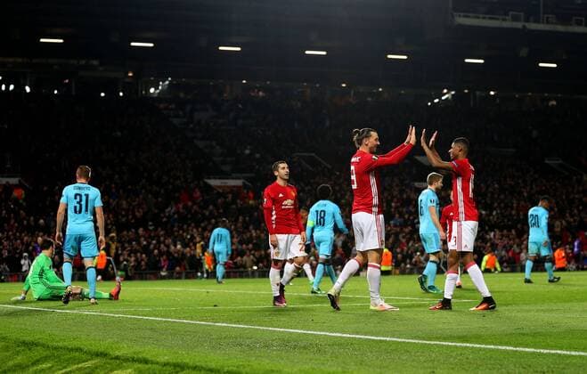 Zlatan Ibrahimovic of Manchester United ManU celebrates after scoring his sides third goal during the UEFA Europa League match at Old Trafford, Manchester. Picture date: November 24th 2016. Pic Matt McNulty Sportimage EDITORIAL USE ONLY. No use with unauthorised audio, video, data, fixture lists, club league logos or live services. Online in-match use limited to 120 images, no video emulation. No use in betting, games or single club league player publications.