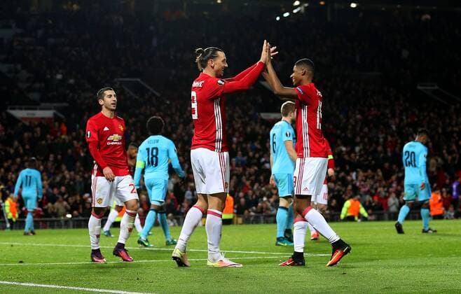 Zlatan Ibrahimovic of Manchester United ManU celebrates after scoring his sides third goal during the UEFA Europa League match at Old Trafford, Manchester. Picture date: November 24th 2016. Pic Matt McNulty Sportimage EDITORIAL USE ONLY. No use with unauthorised audio, video, data, fixture lists, club league logos or live services. Online in-match use limited to 120 images, no video emulation. No use in betting, games or single club league player publications.