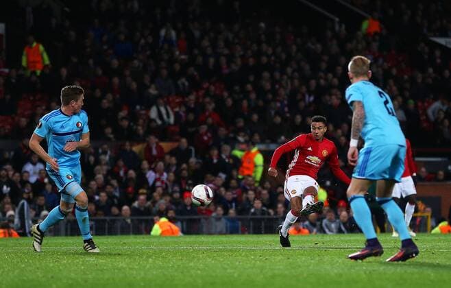Jesse Lingard of Manchester United ManU scores his sides fourth goal during the UEFA Europa League match at Old Trafford, Manchester. Picture date: November 24th 2016. Pic Matt McNulty Sportimage EDITORIAL USE ONLY. No use with unauthorised audio, video, data, fixture lists, club league logos or live services. Online in-match use limited to 120 images, no video emulation. No use in betting, games or single club league player publications.