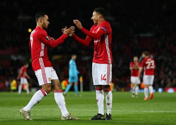 Jesse Lingard of Manchester United ManU celebrates after scoring his sides fourth goal during the UEFA Europa League match at Old Trafford, Manchester. Picture date: November 24th 2016. Pic Matt McNulty Sportimage EDITORIAL USE ONLY. No use with unauthorised audio, video, data, fixture lists, club league logos or live services. Online in-match use limited to 120 images, no video emulation. No use in betting, games or single club league player publications.