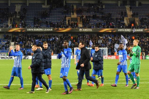 Genk s players celebrate after winning a game of the fifth day of the group stage (Group F) of the Europa League competition between Belgian soccer team RC Genk and Austrian team Rapid Wien, Thursday 24 November 2016, in Genk. LUCxCLAESSEN  x04982984x