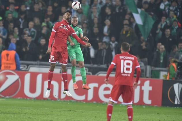 Pierre Yves Polomat (saint etienne) vs Aaron Seydel (mainz) FOOTBALL : AS Saint Etienne vs FSV Mainz 05 - Europa League - Groupe C - 24 11 2016 FredericChambert Panoramic 