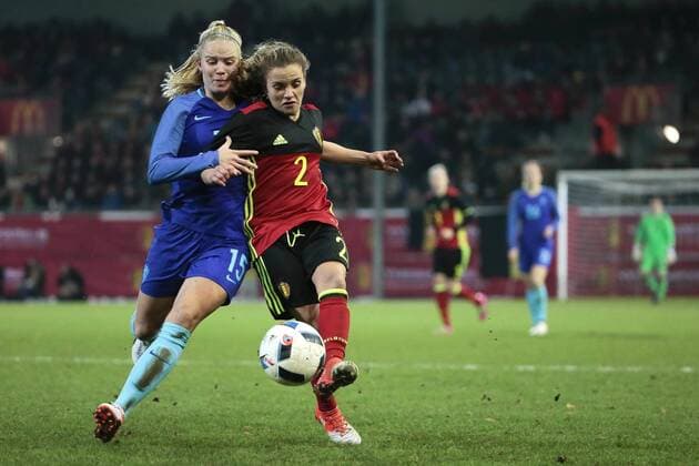 Leuven, Belgium - November 24: Davina Philtjens of Belgium in duel with Kika Van Es pictured during the Women s International friendly football match between the Belgian Red Flames and The Netherlands at the Eneco - Den Dreef stadium in Leuven, Belgium. FOOTBALL : Belgique vs Pays Bas - Match Amical Feminin - Leuven - 24 11 2016 PhotoNews Panoramic 