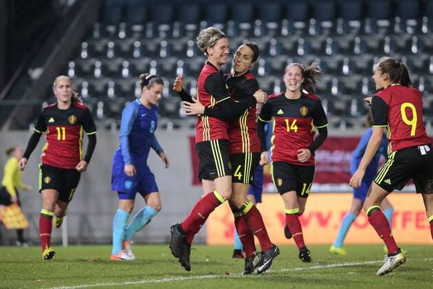Leuven, Belgium - November 24: Aline Zeler of Belgium celebrates scoring a penalty pictured during the Women s International friendly football match between the Belgian Red Flames and The Netherlands at the Eneco - Den Dreef stadium in Leuven, Belgium. FOOTBALL : Belgique vs Pays Bas - Match Amical Feminin - Leuven - 24 11 2016 PhotoNews Panoramic 