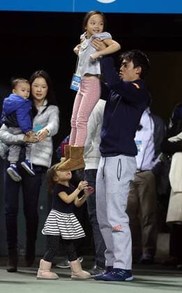 November 26, 2016, Tokyo, Japan - Japan s Kei Nishikori and family members of former French Opens Tennis champion Michael Chang enjoy to the game of Michael Chang against Japan s Taro Daniel during an annual charity tennis match Dream Tennis Ariake in Tokyo on Saturday, November 26, 2016. Admission money will be donated for the rebuild of tennis facilities at the tsunami affected area in northern Japan. NOxTHIRDxPARTYxSALES.  (lwxa006493)