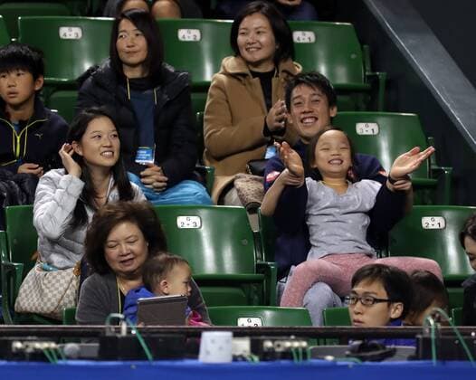 November 26, 2016, Tokyo, Japan - Japan s Kei Nishikori and family members of former French Opens Tennis champion Michael Chang enjoy to the game of Michael Chang against Japan s Taro Daniel during an annual charity tennis match Dream Tennis Ariake in Tokyo on Saturday, November 26, 2016. Admission money will be donated for the rebuild of tennis facilities at the tsunami affected area in northern Japan. NOxTHIRDxPARTYxSALES.  (lwxa006491)