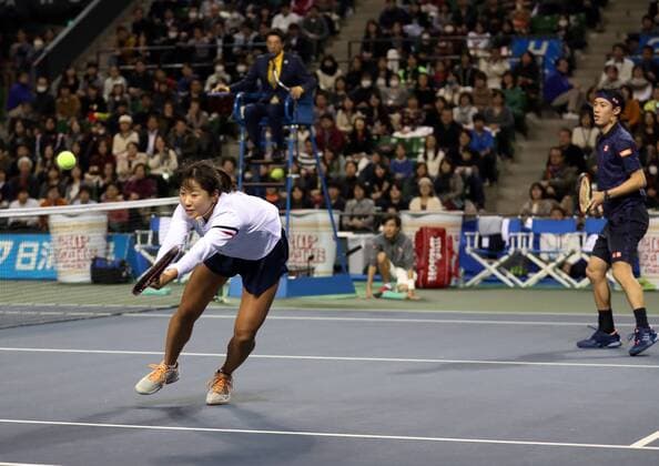 November 26, 2016, Tokyo, Japan - Japan s Kei Nishikori and Nao Hibino pair return the ball against Japan s Taro Daniel and Naomi Osaka pair during an annual charity tennis match Dream Tennis Ariake in Tokyo on Saturday, November 26, 2016. Admission money will be donated for the rebuild of tennis facilities at the tsunami affected area in northern Japan. NOxTHIRDxPARTYxSALES.  (lwxa006501)