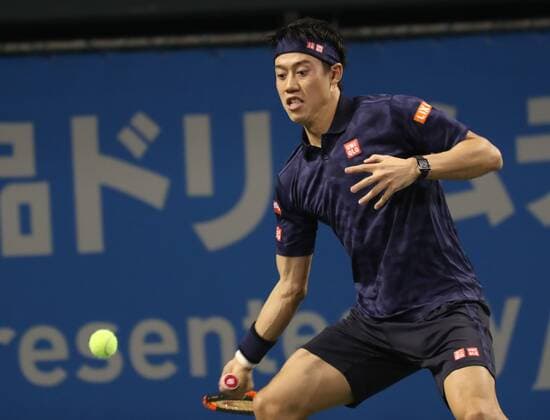 November 26, 2016, Tokyo, Japan - Japan s Kei Nishikori returns the ball against former world number one ranker Andy Roddick of the United States during an annual charity tennis match Dream Tennis Ariake in Tokyo on Saturday, November 26, 2016. Admission money will be donated for the rebuild of tennis facilities at the tsunami affected area in northern Japan. NOxTHIRDxPARTYxSALES.  (lwxa006508)