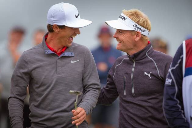 MELBOURNE, VIC - NOVEMBER 27: Thorbjorn Olesen of Denmark and Soren Kjeldsen of Denmark celebrate winning the ISPS HANDA World Cup of Golf on the final day of the ISPS HANDA World Cup of Golf on November 27, 2016, at Kingston Heath Golf Club in Melbourne, Australia. (Photo by Jason Heidrich Icon Sportswire) GOLF: NOV 27 World Cup of Golf - Final Round Icon161127100 EDITORIAL USE ONLY