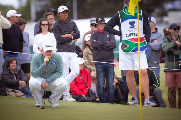 MELBOURNE, VIC - NOVEMBER 27: George Coetzee of South Africa lines up his putt on the final day of the ISPS HANDA World Cup of Golf on November 27, 2016, at Kingston Heath Golf Club in Melbourne, Australia. (Photo by Jason Heidrich Icon Sportswire) GOLF: NOV 27 World Cup of Golf - Final Round Icon161127110 EDITORIAL USE ONLY