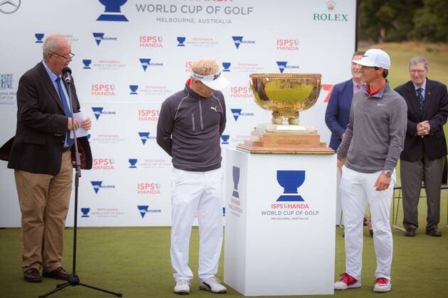 MELBOURNE, VIC - NOVEMBER 27: Soren Kjeldsen of Denmark and Thorbjorn Olesen of Denmark get ready to raise the trophy for winning the ISPS HANDA World Cup of Golf on the final day of the ISPS HANDA World Cup of Golf on November 27, 2016, at Kingston Heath Golf Club in Melbourne, Australia. (Photo by Jason Heidrich Icon Sportswire) GOLF: NOV 27 World Cup of Golf - Final Round Icon161127105 EDITORIAL USE ONLY