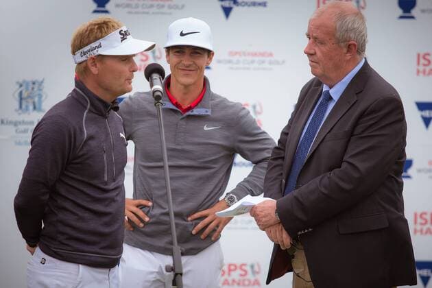MELBOURNE, VIC - NOVEMBER 27: Soren Kjeldsen of Denmark speaks with the MC during the championship ceremonyon the final day of the ISPS HANDA World Cup of Golf on November 27, 2016, at Kingston Heath Golf Club in Melbourne, Australia. (Photo by Jason Heidrich Icon Sportswire) GOLF: NOV 27 World Cup of Golf - Final Round Icon161127103 EDITORIAL USE ONLY