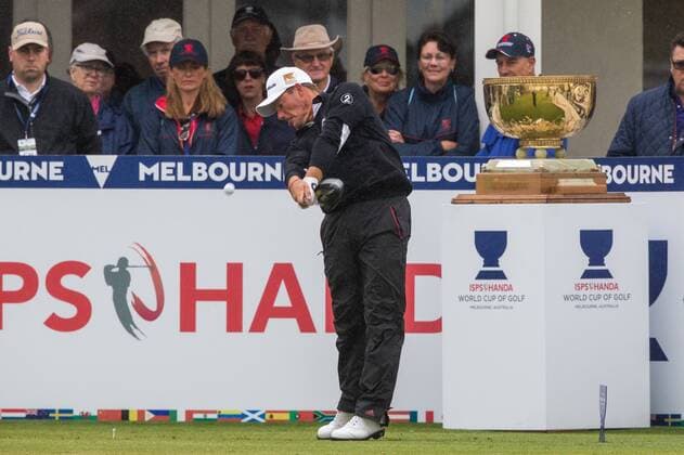 MELBOURNE, VIC - NOVEMBER 27: Alex Cejka of Germany tees of on the first hole on the final day of the ISPS HANDA World Cup of Golf on November 27, 2016, at Kingston Heath Golf Club in Melbourne, Australia. (Photo by Jason Heidrich Icon Sportswire) GOLF: NOV 27 World Cup of Golf - Final Round Icon161127002 EDITORIAL USE ONLY
