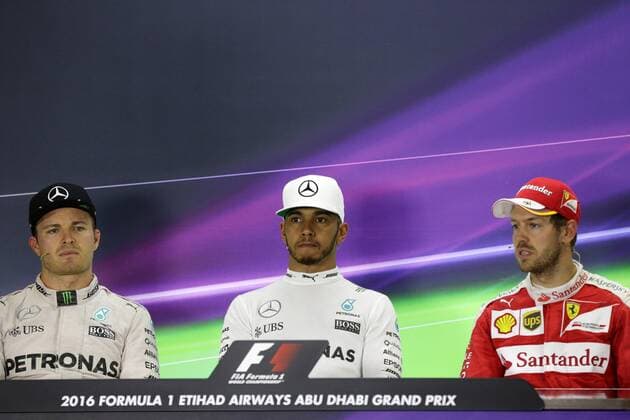 Abu Dhabi Grand Prix, UAE 24 - 27 November 2016 27.11.2016 - Race, press conference PK Pressekonferenz Nico Rosberg (GER) Mercedes AMG F1 W07 Hybrid, Lewis Hamilton (GBR) Mercedes AMG F1 W07 Hybrid and Sebastian Vettel (GER) Scuderia Ferrari SF16-H 