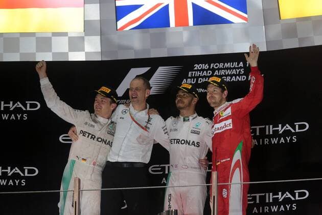 Abu Dhabi Grand Prix, UAE 24 - 27 November 2016 27.11.2016 - Race, 2nd place Nico Rosberg (GER) Mercedes AMG F1 W07 Hybrid and Champion 2016, Lewis Hamilton (GBR) Mercedes AMG F1 W07 Hybrid race winner and 3rd place Sebastian Vettel (GER) Scuderia Ferrari SF16-H 