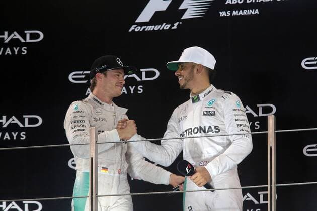 Abu Dhabi Grand Prix, UAE 24 - 27 November 2016 27.11.2016 - Race, 2nd place Nico Rosberg (GER) Mercedes AMG F1 W07 Hybrid and Champion 2016 and Lewis Hamilton (GBR) Mercedes AMG F1 W07 Hybrid race winner 