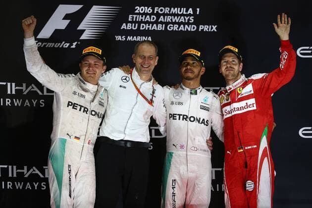 Abu Dhabi Grand Prix, UAE 24 - 27 November 2016 27.11.2016 - Race, 2nd place Nico Rosberg (GER) Mercedes AMG F1 W07 Hybrid and Champion 2016, Lewis Hamilton (GBR) Mercedes AMG F1 W07 Hybrid race winner and 3rd place Sebastian Vettel (GER) Scuderia Ferrari SF16-H 