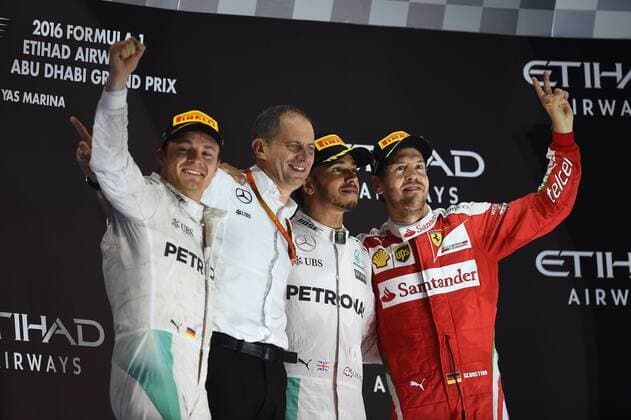 World Champion Nico Rosberg; Lewis Hamilton; Mercedes Grand Prix, Sebastian Vettel, Scuderia Ferrari, formula 1 GP, Abu Dhabi, Yas Marina Circuit, VAE, 27.11.2016 Photo:mspb Jerry Andre World Champion Nico Rosberg; Lewis Hamilton; Sebastian Vettel, formula 1 GP, Abu Dhabi,