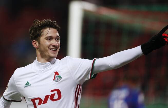 MOSCOW, RUSSIA - DECEMBER 4, 2016: Lokomotiv Moscow s Alexei Miranchuk celebrates scoring in the 2016 17 Russian Premier League Round 17 football match against FC Terek Grozny at Lokomotiv Stadium. FC Lokomotiv Moscow won the game 2-0. Mikhail Japaridze TASS  TS039E35