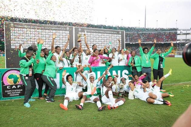 (161204)--YAOUNDE, Dec. 4, 2016 -- Nigeria national women football team celebrates after winning the champion of the 10th edition of African Women Cup of Nations in Yaounde, Cameroon, Dec. 3, 2016. Nigerian national women football team won the 10th Africa Women Cup of Nations (AFCON) after defeating Cameroonian national women football team by 1:0 in the final on Saturday in Cameroonian capital Yaounde s Ahmadou Ahidjo Stadium.) CAMEROON-YAOUNDE-FOOTBALL-AFRICAN WOMEN CUP OF NATIONS FabricexNgon 