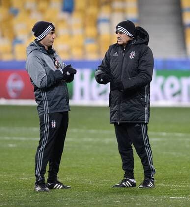 Besiktas players during a training session at NSK Olympiyskiy Stadium in Kiev, Ukraine on December 05 2016, a day before their UEFA Champions League group B match agaimnst Dynamo Kiev. Pictured: Coach Senol Gunes 