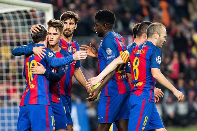 Fußball, CL, FC Barcelona - Borussia Mönchengladbach FC Barcelona Barca s Leo Messi , Arda Turan,Denis Suarez, Andres Iniesta , Lucas Digne during Champions League match between Futbol Club Barcelona and VfL Borussia Mönchengladbach at Camp Nou Stadium in Barcelona , Spain. December 06, 2016.  (20161206013)